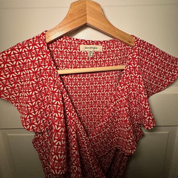 Max Studio Women's Ruffle Crepe High/Low Wrap Red and White Print Midi Dress - Picture 1 of 7